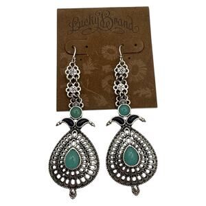 Lucky Brand Silver Tone Turquoise Cabochon Bohemian Teardrop Drop Earrings